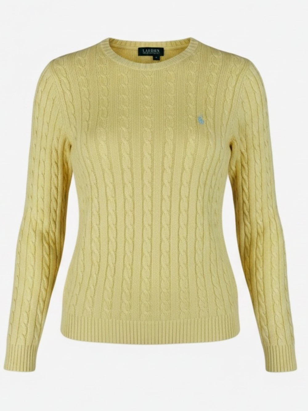 Ralph Lauren 100% Cashmere Cable Knit Sweater Yellow Crewneck Logo Size M